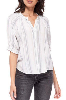 B Collection By Bobeau Stripe Button Down Ruffle Neck Blouse Blue - Regular